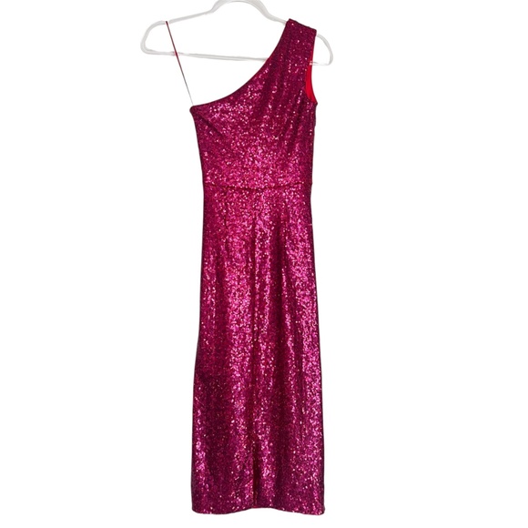Dress The Population Martine Ruched Sequin Dress One-shoulder Fuchsia Size XXS - Picture 3 of 7